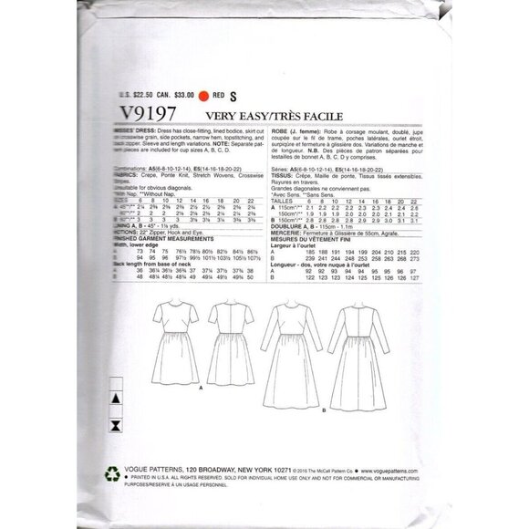 Vogue V9197 Misses 14 to 22 Fitted and Flared Dress Uncut Sewing Pattern - Picture 2 of 2
